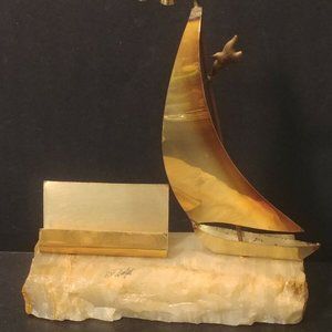 DeMott Mid Century Nautical BRASS SAILBOAT Onyx Base Art Sculpture Paperweight